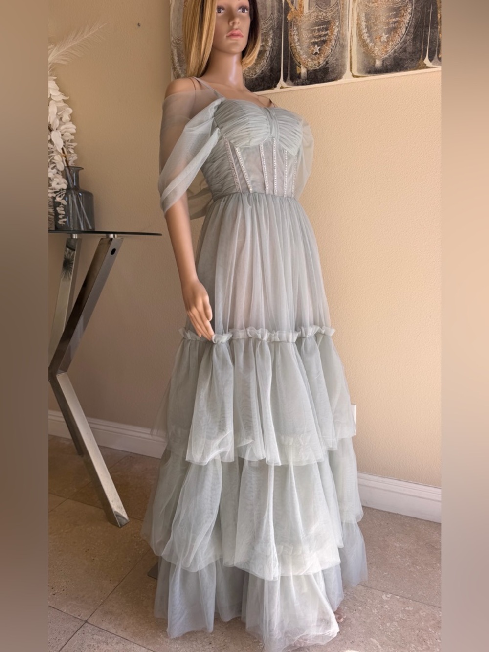 Ethereal Light Sage Tiered Tulle Evening Dress